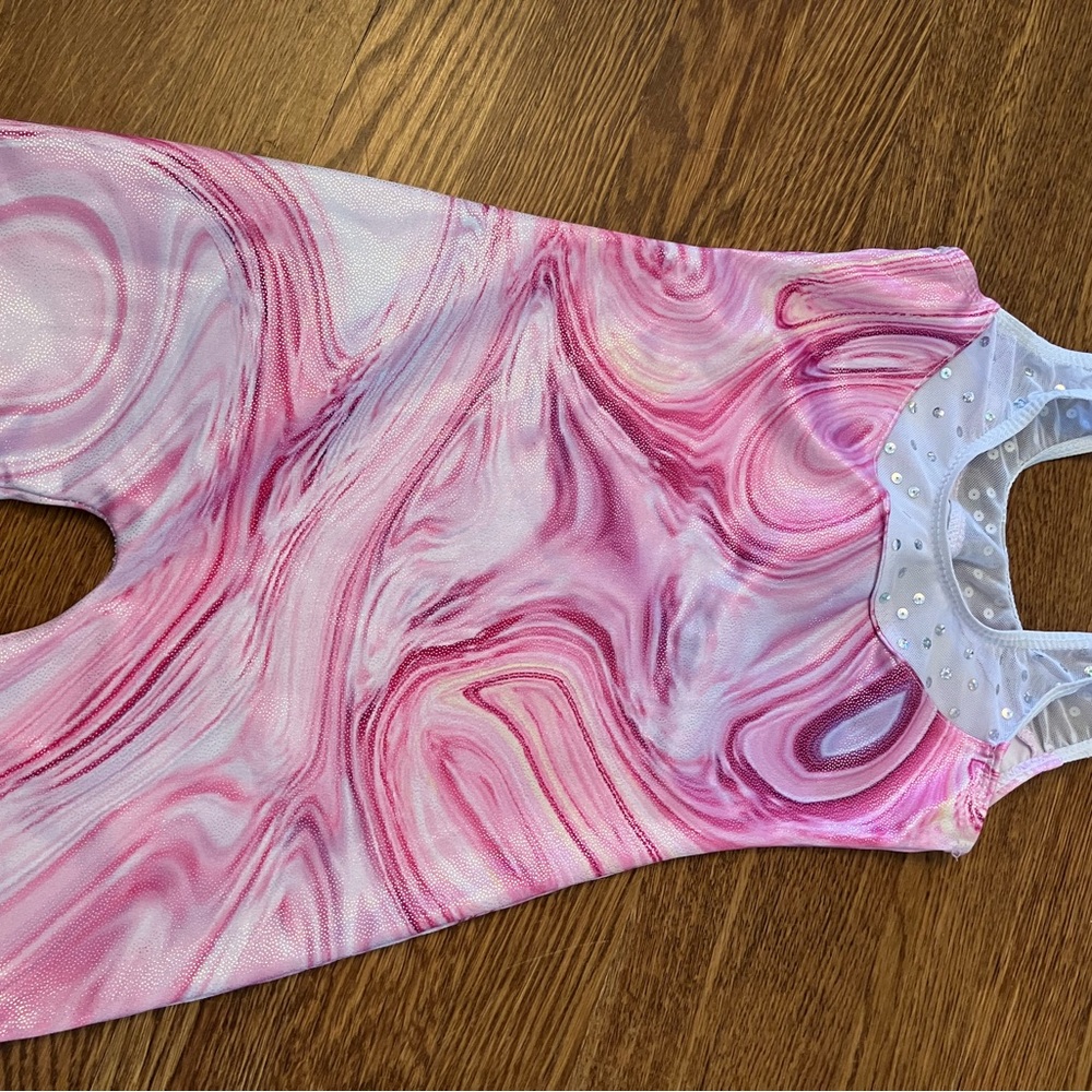 Size 5 Pink and Silvery Swirl Leotard with Sequin Detail gymnastics or dance fun - Picture 3 of 3